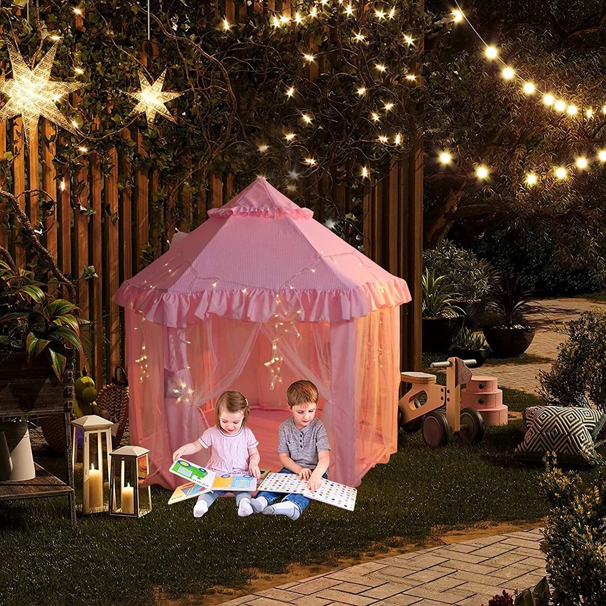 Pink tent sales with star lights
