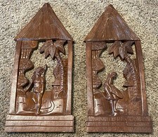 Pair Vintage Wood Carved Islander Thatch Hut Scene Wall Hangers, 8.5x19  