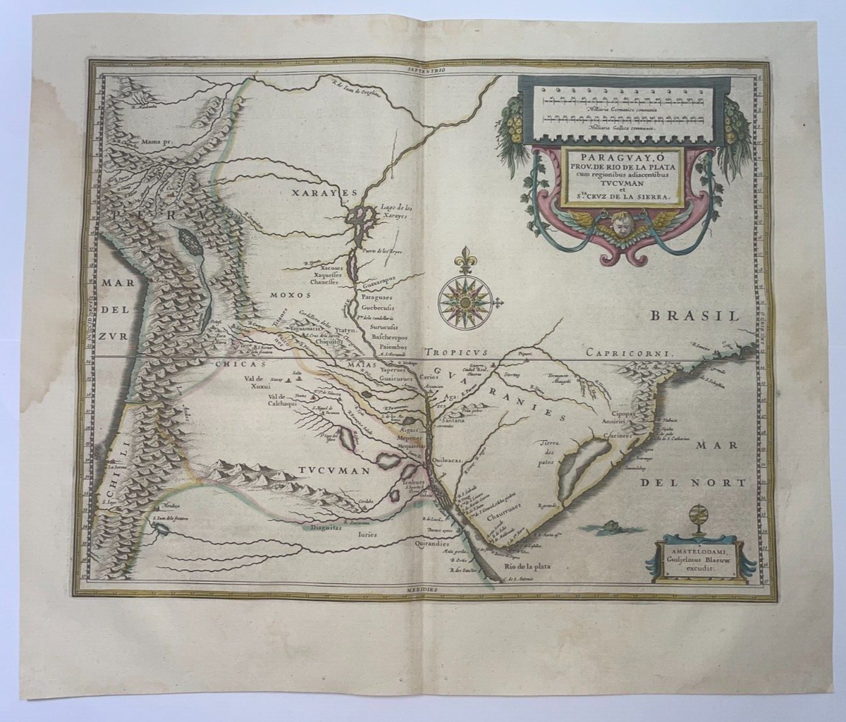 PARAGUAY 1642 WILLEM JANSZOON BLAEU LARGE ANTIQUE ENGRAVED PARAGUAY 1642 WILLEM JANSZOON BLAEU LARGE ANTIQUE ENGRAVED