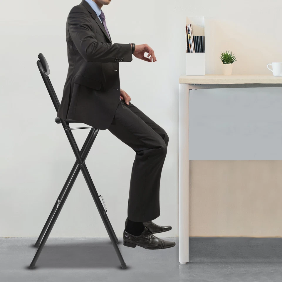 Tall Foldable Stool Chair Portable Black 70cm Folding Bar Stool with Backrest - Image 2 of 4