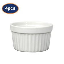 White Ramekin Bowl Ceramic Fluted Souffle Dish Oven Safe Baking Serving 4Pcs