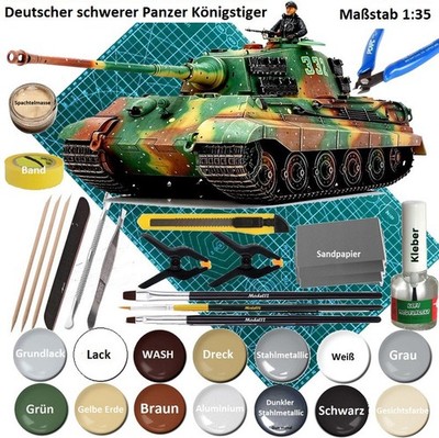 Königstiger Tamiya 1:35 Länge 29,6 cm + Großes Set: Materialien und Werkzeugen