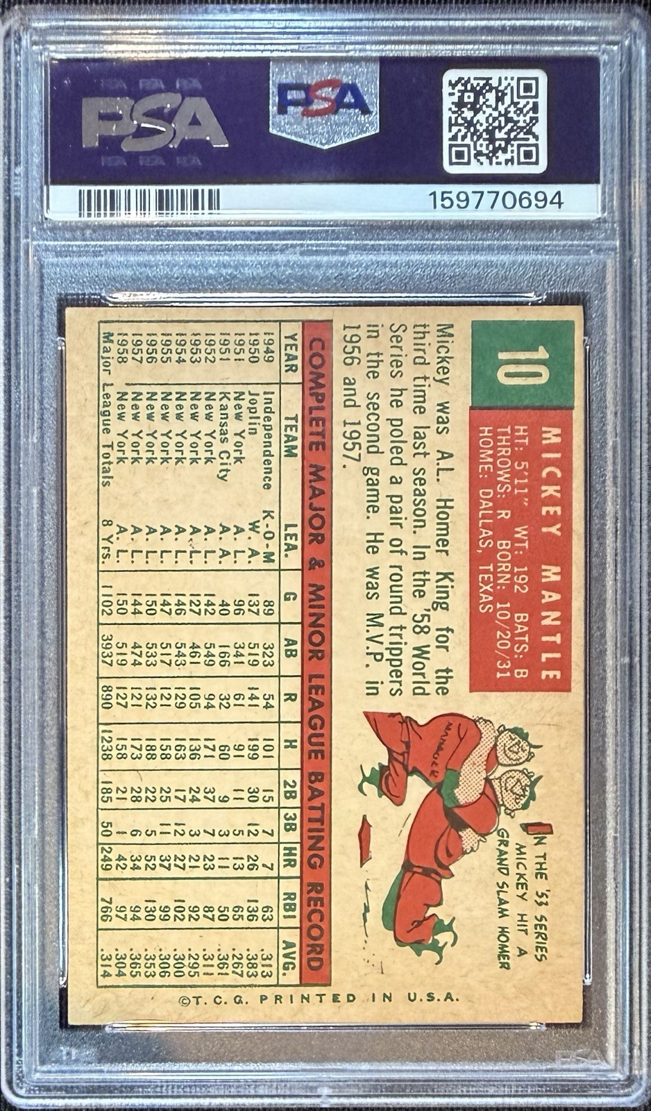 1959 TOPPS MICKEY MANTLE #10 PSA 4 VG-EX view 3