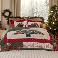 Queen Christmas Quilt Bedding Red Reversible Tree Pattern Microfiber 90x96"