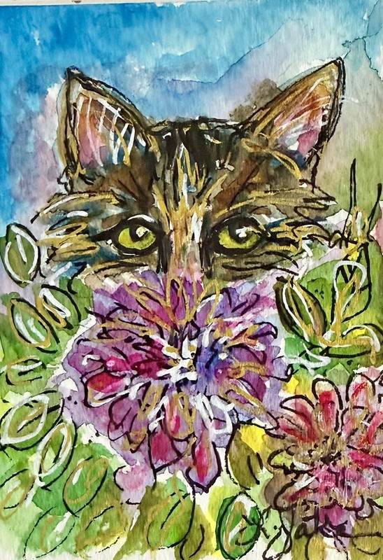 ACEO Original Garden Cat Tabby Floral Flowers Collectable Linda Yake