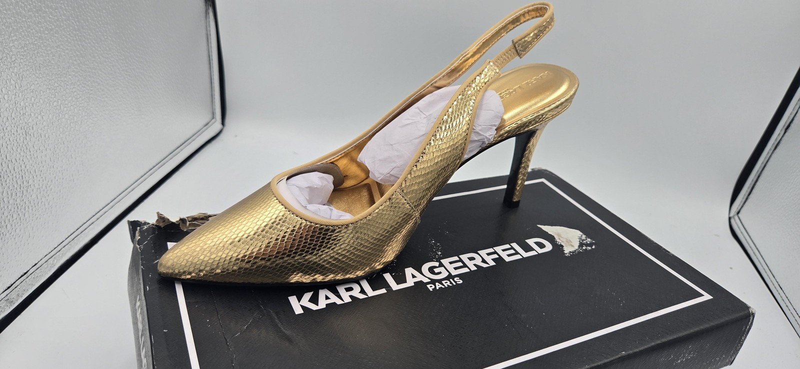 Karl Lagerfeld Rosalyn Shoes Womens Size 9 Gold Snakeprint Slingback Heels