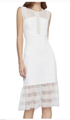 BCBGMAXAZRIA Optic White Lace Mesh Illusion Midi Dress NWT Size XXS Ruffle Hem
