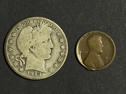 1913-D Liberty Barber Half Dollar and 1912-D Lincoln Cent