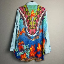 John Mark Wearable Art Shirt Sm Boho Festival Blue Striped Floral Back Long SL