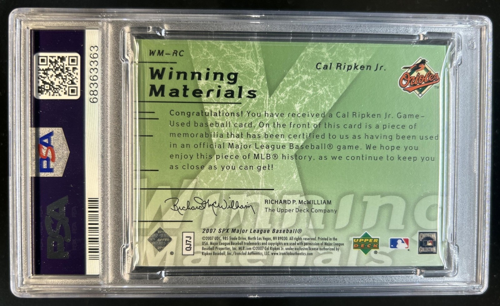 2007 SPx Cal Ripken Jr. Winning Materials Green Jersey #/175 Orioles PSA 8 view 2