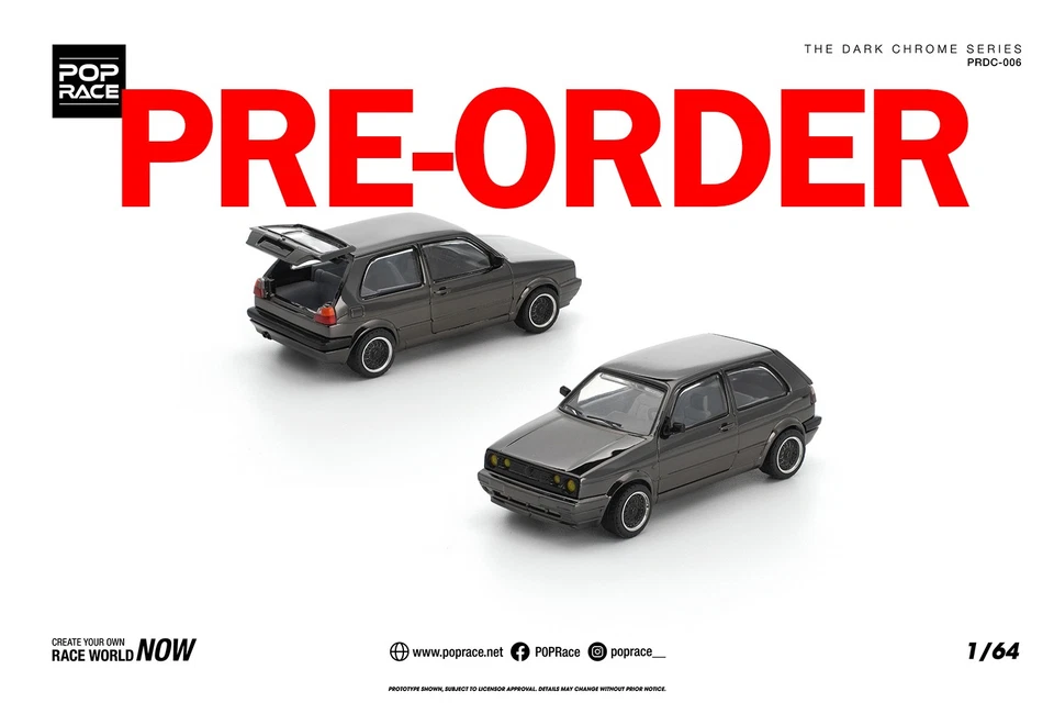 (Pre-order) POPRACE 1/64 GOLF GTI MK2 DARK CHROME Diecast Model Car