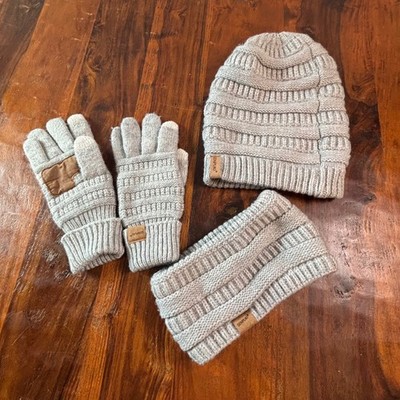 Senpuki Womens Gray Fleece Lined Beanie Headband and Touchscreen Gloves Set