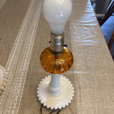 Vintage 1960s Hobnail Milk Glass Table Lamp With Amber Globe Detail Works
