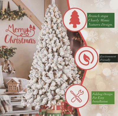 6ft Premium Flocked Christmas Tree w/ LED Light Xmas Tree Assemble Foldable Tree