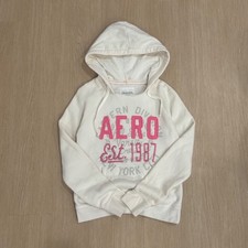 Aeropostale Womens Aero Est 1987 Pullover Hoodie Cream Pink Graphic Size L