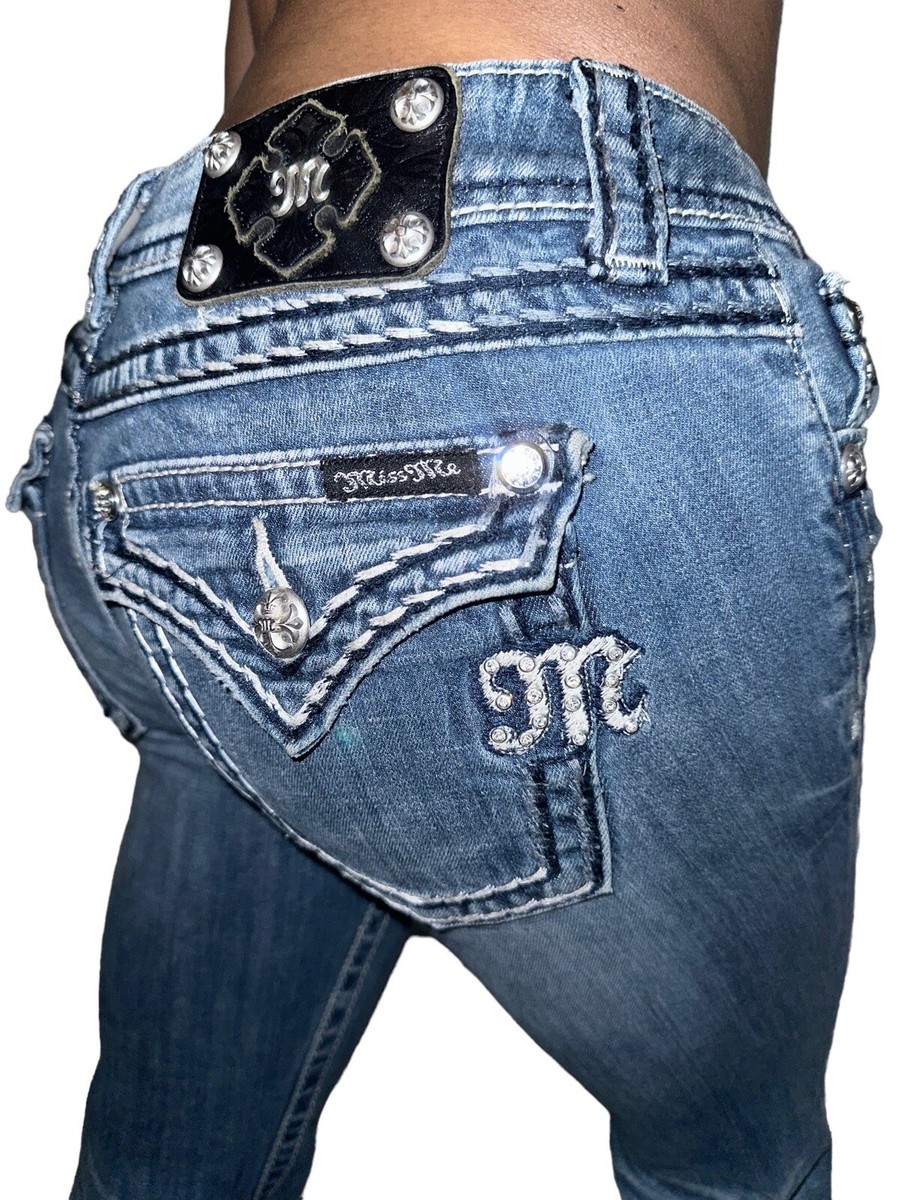 Miss Me Buckle Denim Rhinestone Distressed Sexy Bootcut Jean Flap