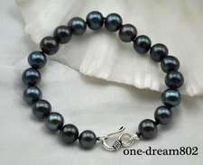 S1263 8" 10mm Round Black freshwater pearl necklace 925sterling silver clasp