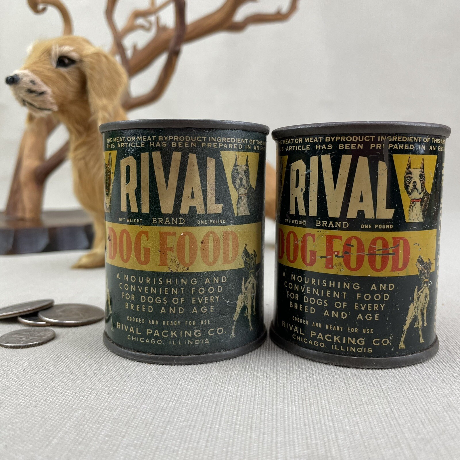 2X Rival Dog Food Metal Coin Banks Vintage 1930S Chicago Advertising Tin Can