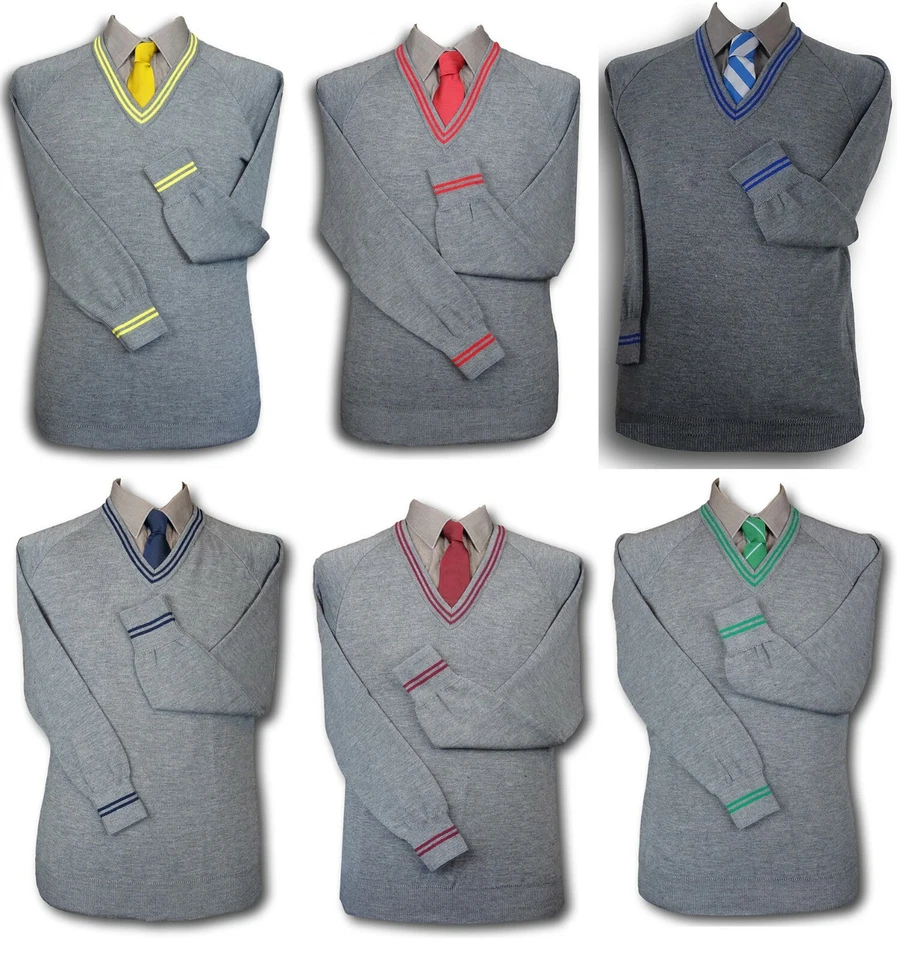 ALBERT PRENDERGAST Grey WOOLLEN School Uniform 'V' Neck Jumpers - 6 Trim Colours - Neck & Cuffs.