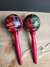 Wooden Maracas Hand Painted Carved Shaker Pair Red Green Fish Nicaragua Mashya