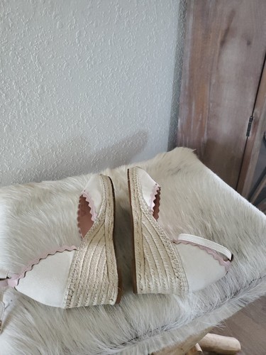 Kate Spade Cream Canvas Espadrille Wedge Scalloped Leather Trim Braided Heel 6.5 - Picture 5 of 7