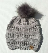 Chenille Thick Knit Faux Fuzzy Fur Pom Soft Stretchy Beanie Hat Color Gray NEW J
