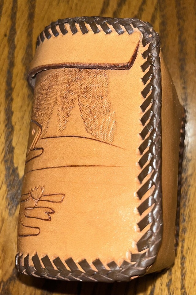 Vintage Leather Casting Reel Case HandMade Carved Woven Leather