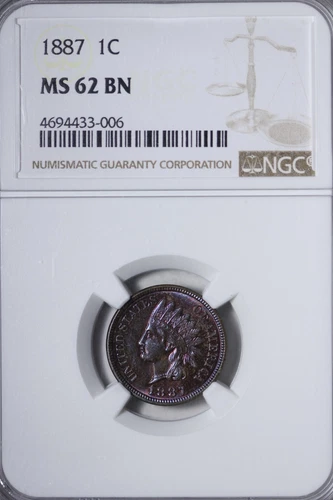 BU 1887 Indian Head Cent Penny NGC MS62 BN Stunning Color!! VACMM