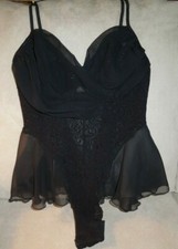 VINTAGE JET BLACK w/LACE  CHIFFON VICTORIA'S SECRET BODYSUIT TEDDY PETITE SMALL