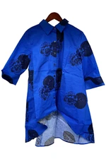 Truth + Style Printed Stretch Poplin Hi-Low Button Front Shirt Navy