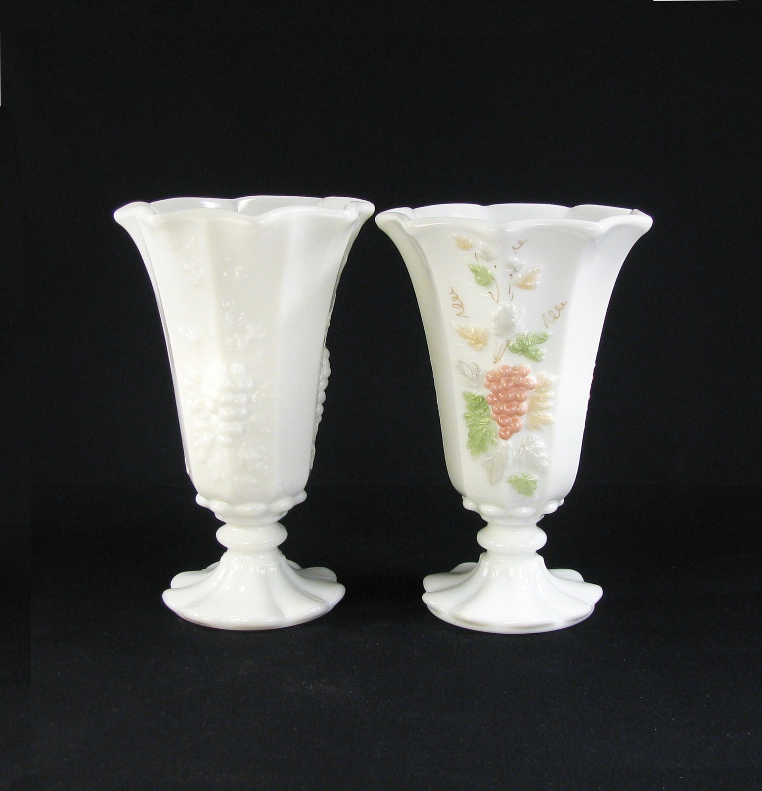 Westmoreland Milk Glass 6 Inch Vases with Grape and Fruit Panels Pair  