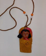 Vintage Bloom Brothers Little Girl Papoose In Suede Leather Sack Beads Necklace