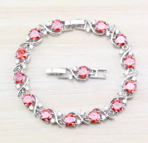 Sterling Silver 925 Lab-Created Red Garnet and White Topaz Gemstone Bracelet - Picture 5 of 7