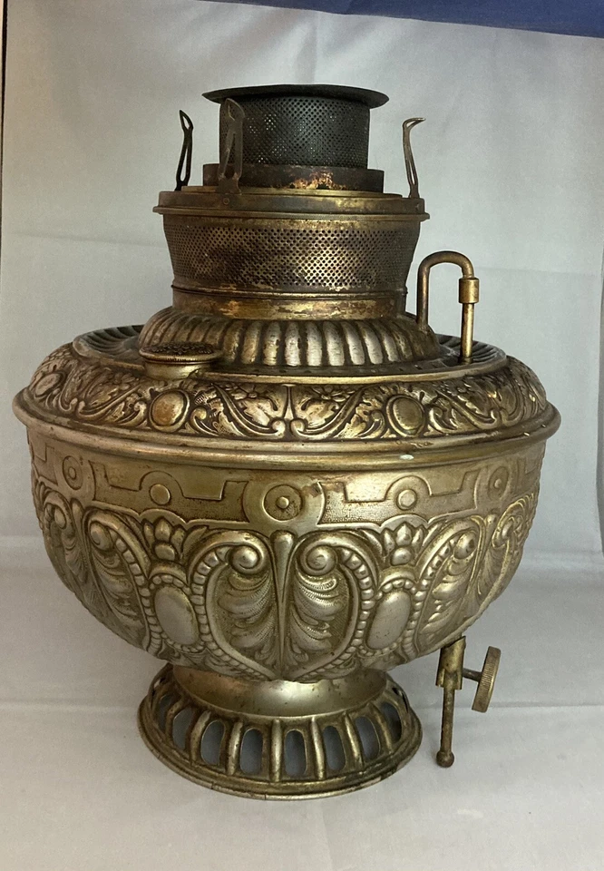 antique The Juno Lamp E Miller Embossed Metal w glass chimney made in USA As Is - Image 2 of 4