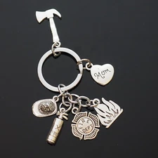 Fireman Firefighter Helmet Extinguisher Axe Fire Dept Keychain - Mom Heart Gift