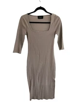 STORIA Womens Dress Tan Ribbed Knit Bodycon Sheath Midi Sz Medium