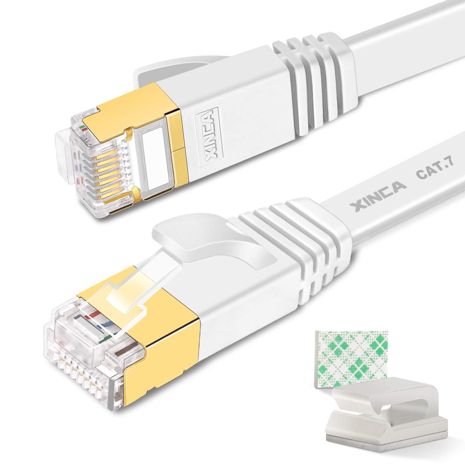 25ft White Cat 7 Flat Shielded Ethernet Cable 10Gbps STP LAN-image