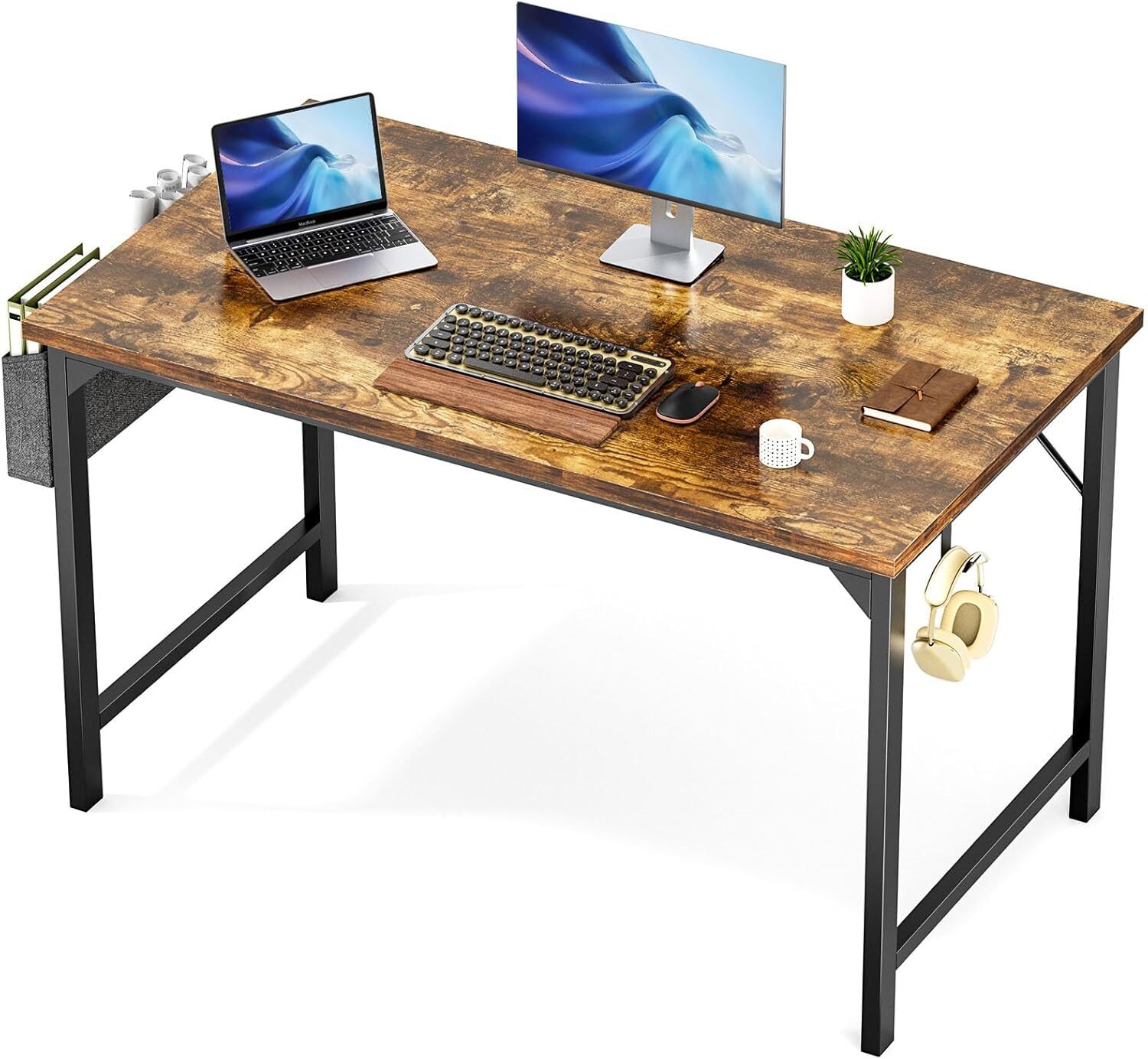 Computer desk 48 inches, headphone hook and storage bag, rustic brown-image