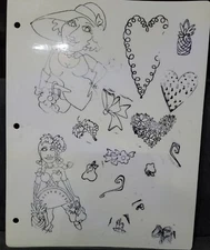 WOMAN WITH HAT FRUIT BOWS HEART STAMPS UNMOUNTED PINEAPPLE FLOWERS WITH HEART