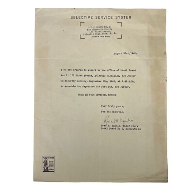 海外ヴィテージの手紙 Vintage WWII 1942 Selective Service System DRAFT LETTER Fort Dix