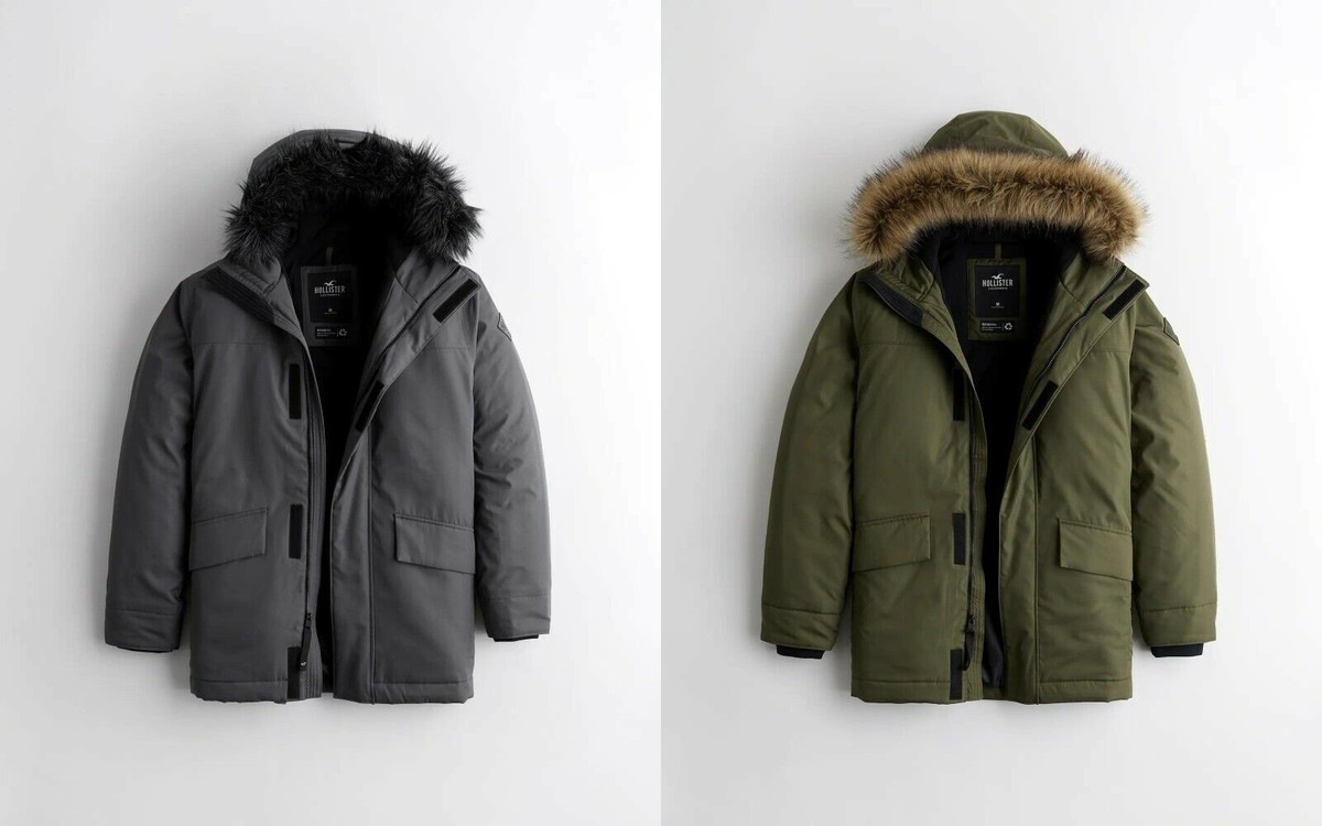 Hollister Faux Fur Fleece lined Parka Jacket Winter Coat Mens