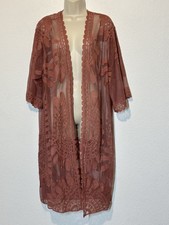 Boho Sheer Embroidered Lace Pink Kimono Duster Beach Cover UpOne Size