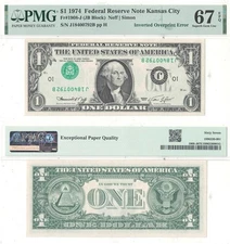 1974 $1 Federal Reserve Note Inverted Overprint Error PMG Superb CU-67 EPQ