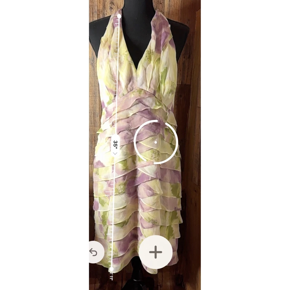 Vestido JS Collections Talla 12 Púrpura Verde Amarillo Floral Halter Sin Mangas en Niveles Foto 4 de 4