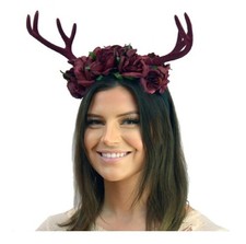 Burgundy Deer Antlers Headband - Fabric Flowers- Costume Accessory - One Size