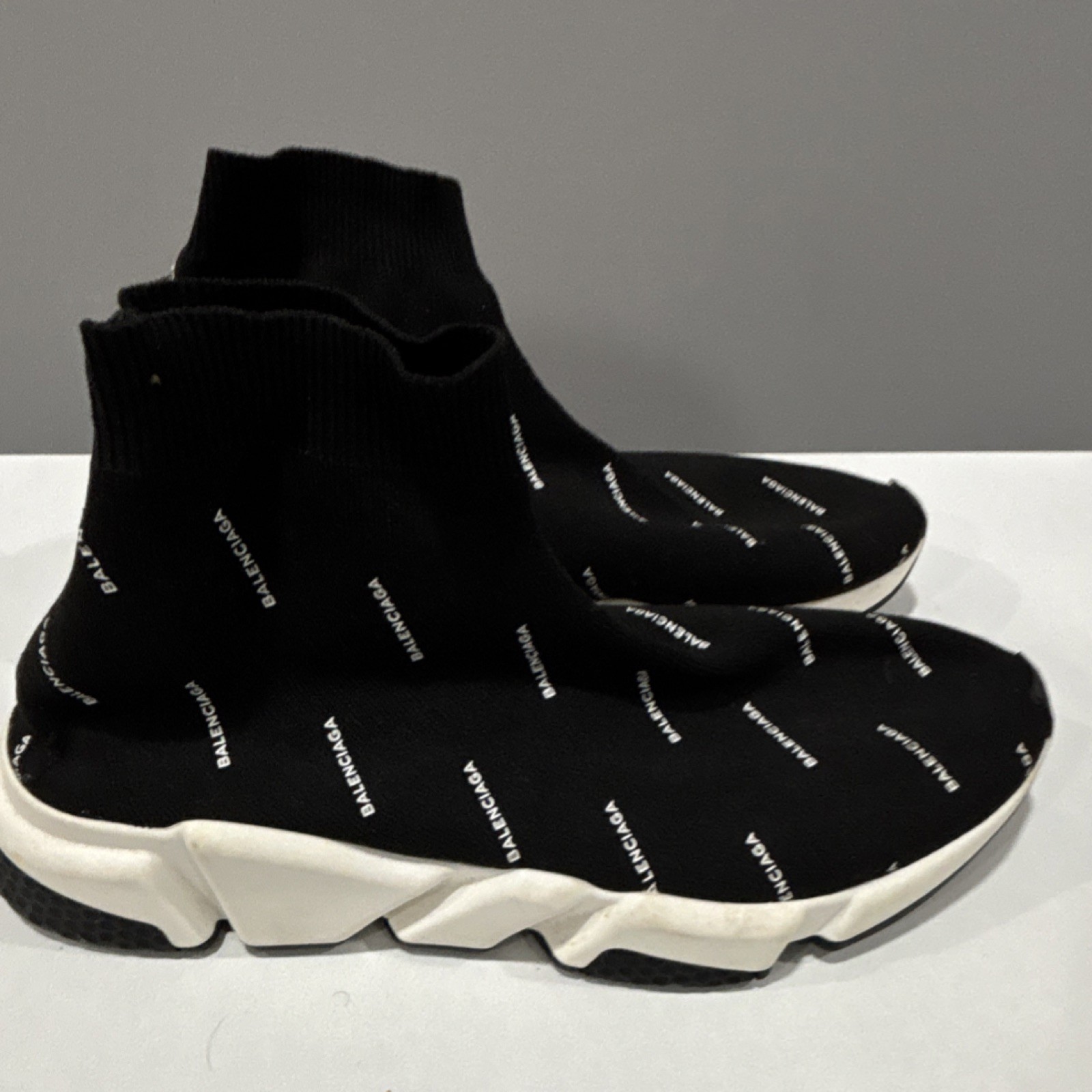 Balenciaga All Over Logo Sock High Top Black White Knit Slip