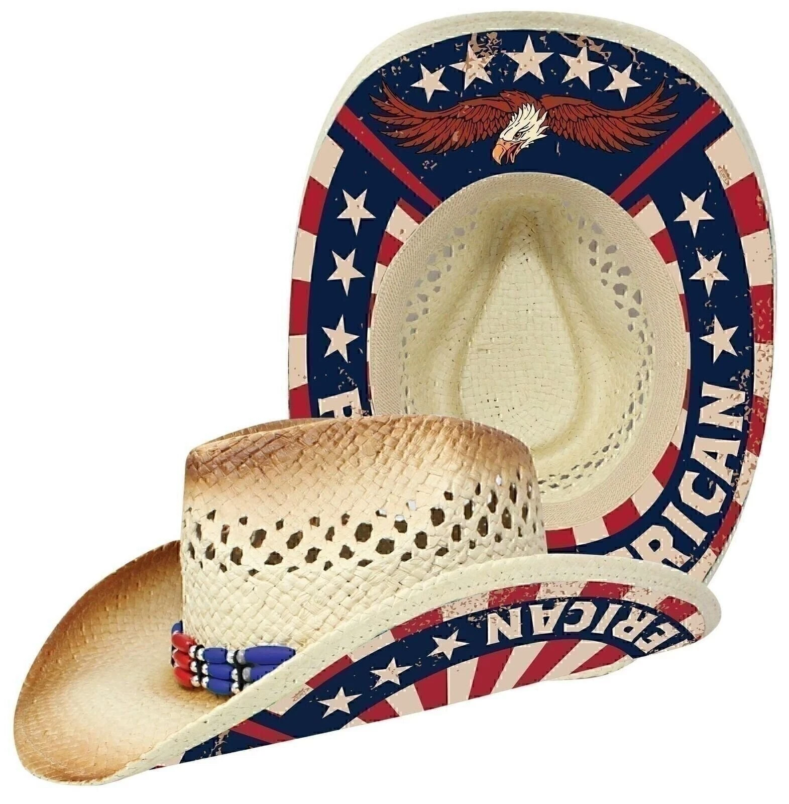 AMERICAN PATRIOTIC STRAW HAT EAGLE COWBOY COUNTRY BEADED UNISEX NEW