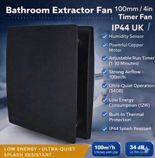 Bathroom Extractor Fan 100mm / 4in Fan with Timer Humidity Sensor TURBO WALL UK