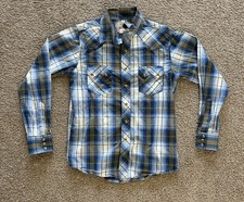 Wrangler Mens Small Western Long Sleeve Pearl Fashion Snap Shirt Mens Blue Plaid