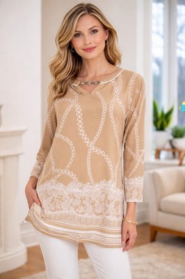 Susan Graver Chain Print Tunic Tan Neutral Long Sleeve Stretch Med Liquid Knit